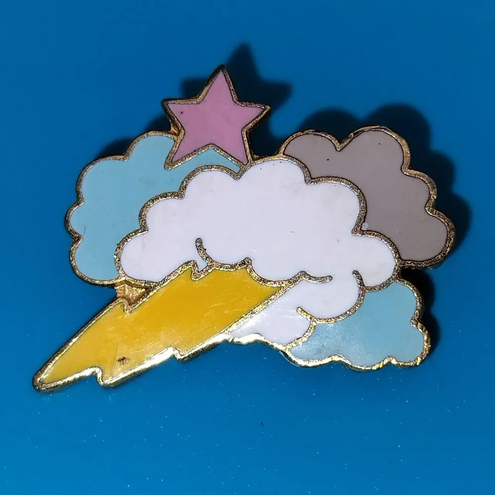 Cute Cloud Lightning Star Enamel Pin Gold Tone Celestial Sky Weather Pinback